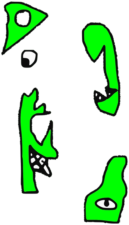 Rise, Tata #0504: a lime green The Ones Tata, hand-drawn by Marcelo and Noel Morera (Tata 1000 Faces)
