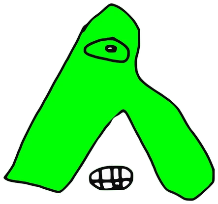 BIG A, Tata #0679: a green Amoeba Tata, hand-drawn by Marcelo and Noel Morera (Tata 1000 Faces)