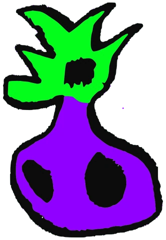 Berenjena, Tata #0843: a purple and green Darwinism Tata, hand-drawn by Marcelo and Noel Morera (Tata 1000 Faces)