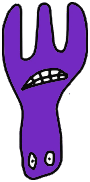 Fork, Tata #0922: a purple Amoeba Tata, hand-drawn by Marcelo and Noel Morera (Tata 1000 Faces)