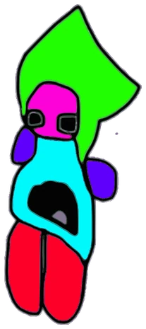 Astro Tata, Tata #0980: a green, pink, cyan, purple and red Darwinism Tata, hand-drawn by Marcelo and Noel Morera (Tata 1000 Faces)